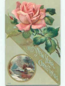 Pre-Linen new year WINTER SCENE WITH LARGE PINK ROSE FLOWER k5333