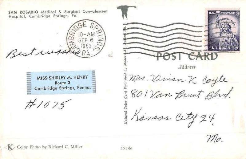 Cambridge Springs Pennsylvania San Rosario Hospital Vintage Postcard K98002
