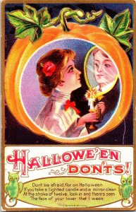 Vintage M. L. Jackson Victorian Man & Woman, Green Owls Antique Halloween Postca