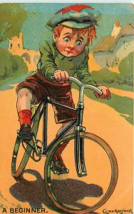 Postcard C-1910 Bicycle cycling beginner boy comic humor crackerjack TP24-398