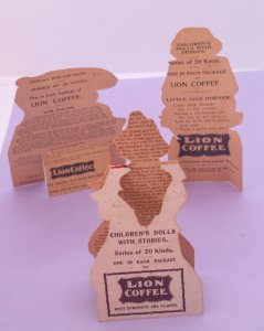 1800s Lot of 3 Lion Coffee Stand Up Dolls Die Cut Toy Nursery Rhimes Trade Cards
