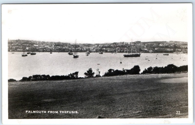 c1930s Falmouth, England RPPC Harbor Sailing Ships Boats Trefusis Bay Port A349