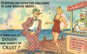 Sexy Girl Beach Postcard Hot dog comic humor Tichnor linen 21-13240