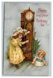 Vintage 1910's Winsch Back Birthday Postcard Cute Children Grandfather Clock