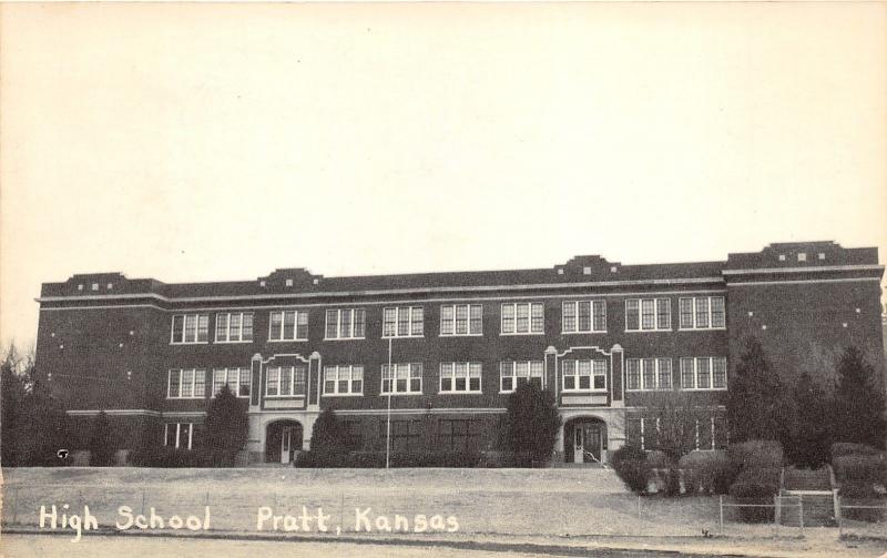 Pratt Kansas~High School Building~Double Entrance~1950s RPPC Postcard