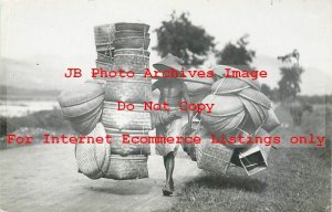 Native Ethnic Culture Costume, RPPC, Indonesia Java, Man Carrying Many Baskets