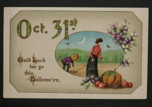 1910s Halloween Postcard Jack-O'-Lantern Man Following Lady, Bats & Moon