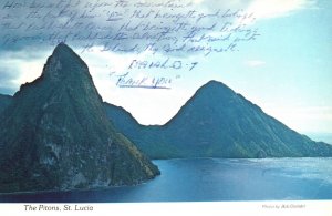 VINTAGE CONTINENTAL SIZE POSTCARD VIEW OF THE PITONS AT ST. LUCIA W.I. 1970s