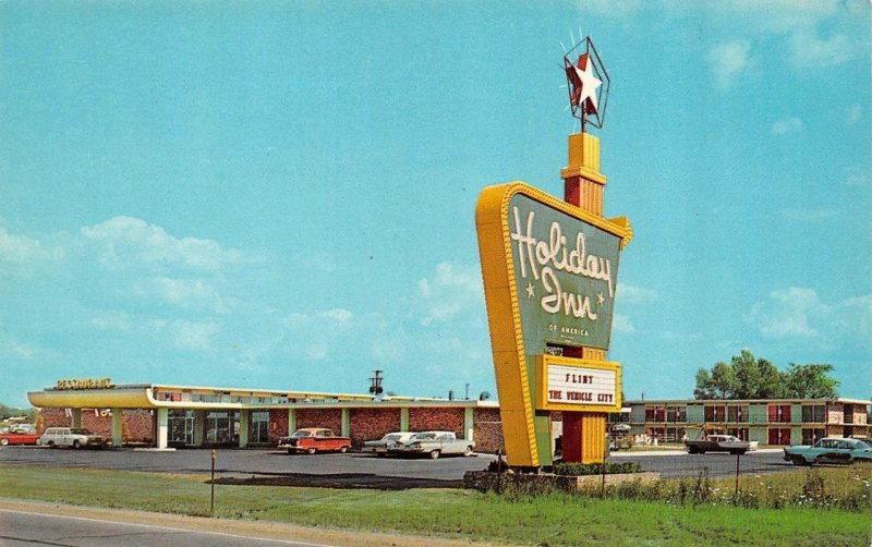 Flint, MI Michigan  HOLIDAY INN MOTEL  Star Sign~50's Cars  ROADSIDE  Postcard