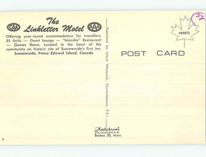 Unused Pre-1980 LINKLETTER MOTEL Summerside Prince Edward Island PE o0420@