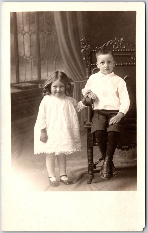 Children Young Kids Boy & Girl White Dress Stylish Hair Real Photo RPPC Postcard