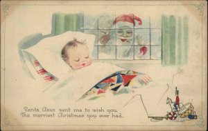 Christmas Santa Claus Peers in Window at Sleeping Baby Vintage Postcard