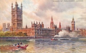 London Thames navigation & sailing sunset Parliament coal barge tugboat fishing