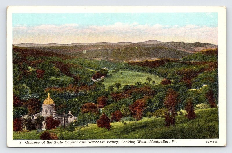 Glimpse of State Capitol & Winooski Valley, Montpelier Vt, Vintage Postcard  P8