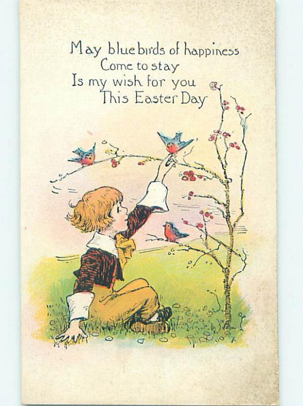 Pre-Linen easter CHILD REACHES UP TO TOUCH CUTE BIRD ON THE TREE hr2597