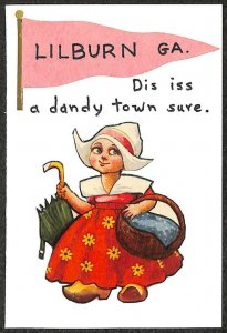 LILBURN GEORGIA DUTCH WOMAN UMBRELLA HAND MADE HAND DRAWN POSTCARD (c. 1980s)