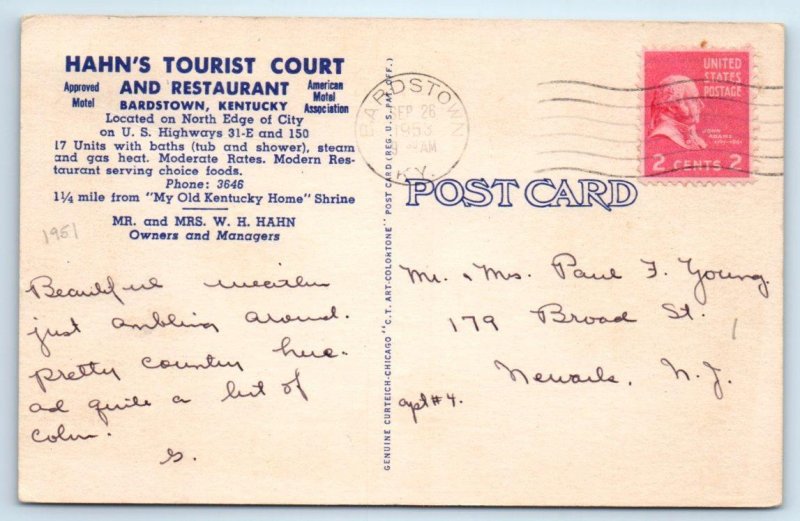 BARDSTOWN, Kentucky KY~Roadside HAHN'S TOURIST COURT 1953 Nelson County Postcard