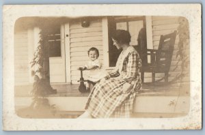 c1910's Mother And Baby Riding Toy Bike RPPC Photo Posted Antique Postcard
