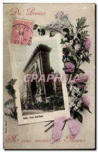 Old Postcard From Paris I send you flowers Porte Saint Denis