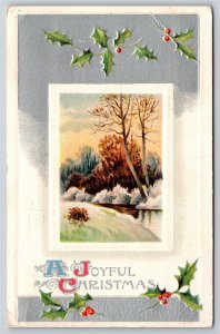 A Joyful Christmas~Winter Creek Scene In Frame W/ Holly~PM 1913~Emb~Vtg Postcard