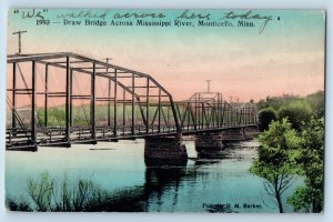 Monticello Minnesota Postcard Draw Bridge Across Mississippi River 1913 Vintage