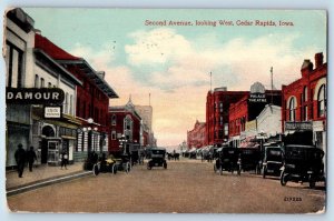 Cedar Rapids Iowa Postcard Second Avenue Looking West Classic Cars Street 1916