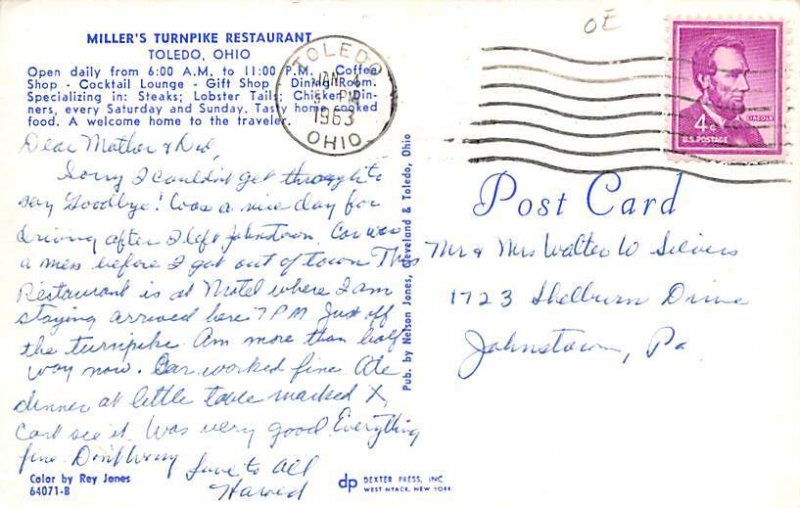 Miller's Turnpike Restaurant Toledo, Ohio OH Postcard