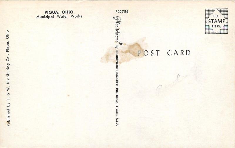 Piqua Ohio~Municipal Water Works~1950s Postcard
