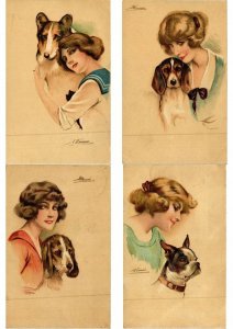 MEUNIER S. DOGS & LADIES ARTIST SIGNED SET OF 6 Vintage Postcards (L2595)