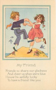 Vintage Art Postcard 403-D Dancing Little Boy & Girl, Lucky You're my Friend