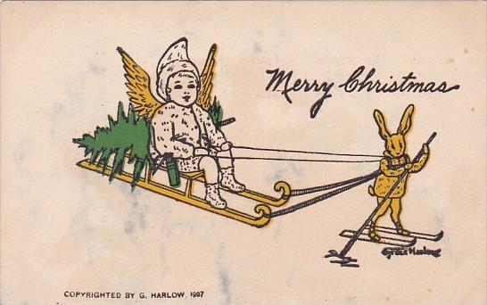 Christmas Rabbit On Skis Pulling Angel On Sleigh Signed Gene Harlow