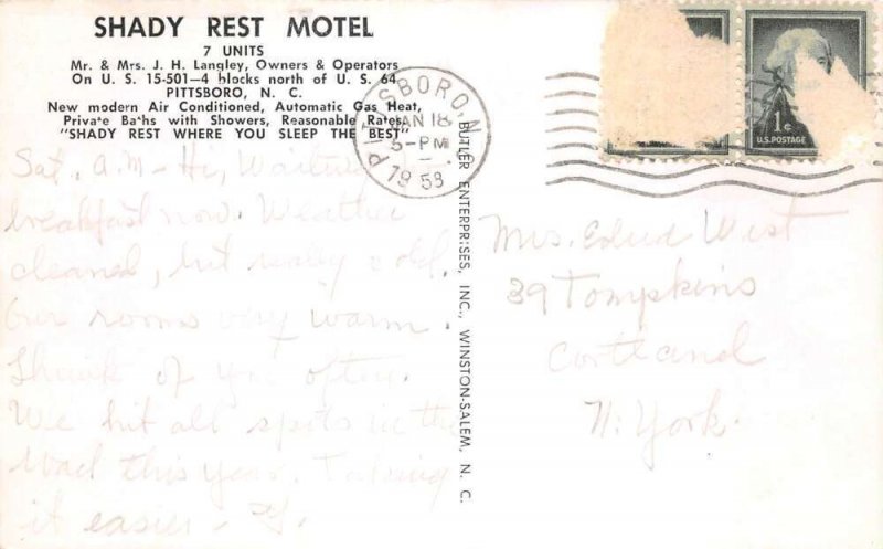 Pittsboro North Carolina Shady Rest Motel Vintage Postcard AA102502