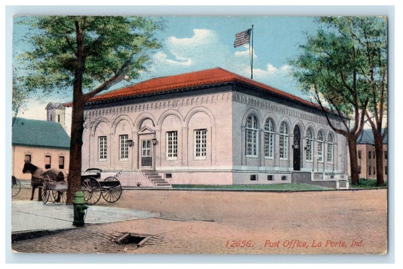 1915 Post Office Building Horse Cart La Porte Indiana IN Posted Antique Postcard