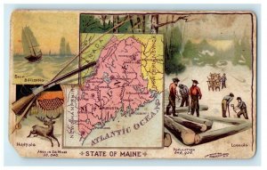 1889 State of Maine Ariosa Coffee Hunting Ship Logging Map Deer Rifle Trade Card 