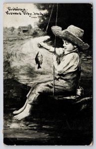Rome City Indiana Fishing~Barefoot Boy Lands Pan Fish~Straw Hat~1910 CU Williams