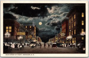 Main Street at Night Aberdeen South Dakota SD Sherman Hotel Steet View Postcard