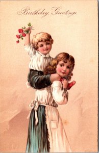 Birthday Greetings Postcard Boy Riding on Young Girls Shoulders Roses