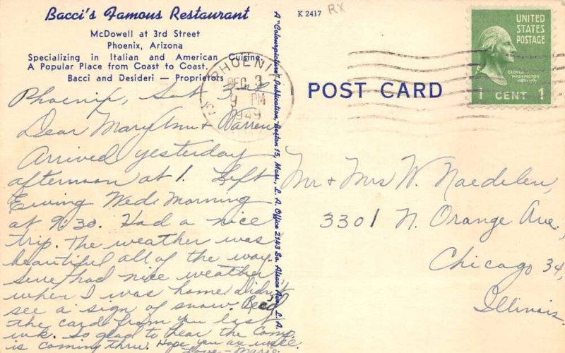 Phoenix Arizona Bacci's Famous Restaurant Vintage Postcard AA60601