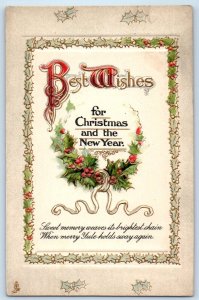 Christmas New Year Postcard Message Holly Berries Embossed Tuck Gloversville NY