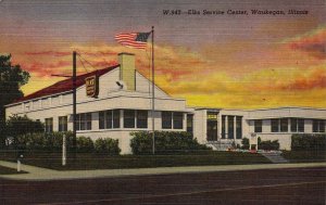 WW2 Linen Era, Flag, Waukegan, IL, Elks Service Center for Sailors,Old Postcard