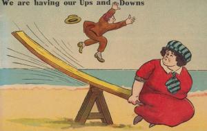 Ups & Downs Tiny Man Giant Fat Lady Seaside Beach See Saw Comic Humour Postcard 