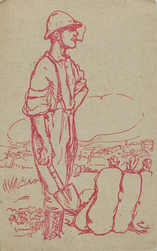 ww1 French illustrator drawn military Poilu soldier sketch patriotic postcard