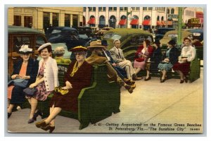 Vintage 1951 Postcard People on Green Benches of St. Petersburg Florida