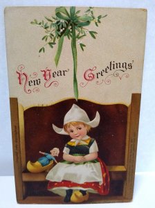 New Years Postcard Ellen Clapsaddle Dutch Girl Wood Shoe 1908 Germany Vintage