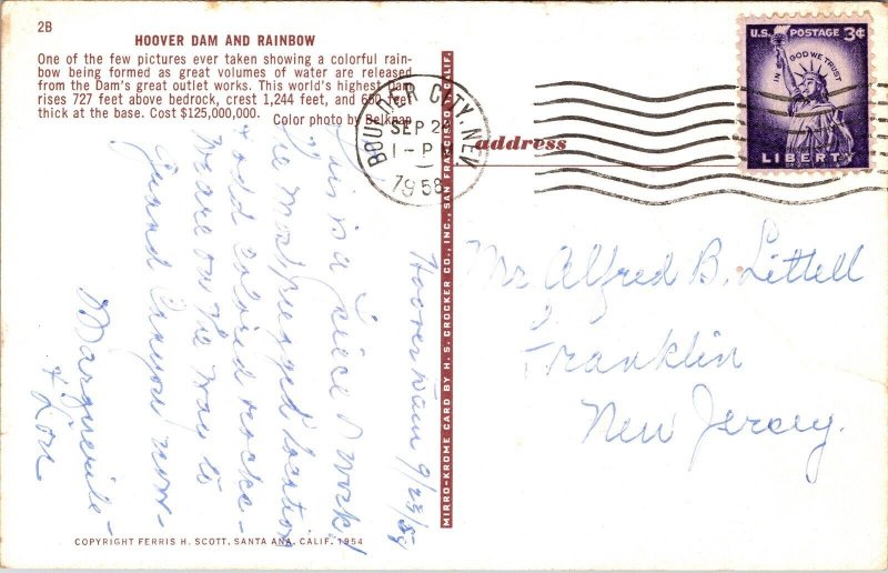 Greetings Hoover Dam Rainbow Boulder City Nevado 1958 Pm Wob Note Postcard 