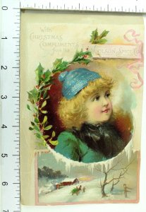 1870's-80's Lovely Girl Winter Christmas Woolson Spice Victorian Scrap Card *X