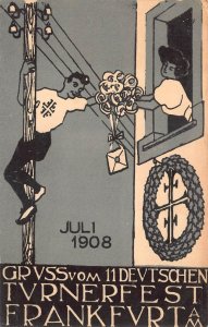 GRUSS VOM TURNFEST FRANKFURT GERMANY GYMNASTICS MOTORCYCLE AD POSTCARD (1908) !!
