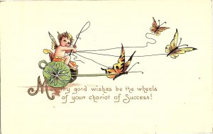 Good Wishes Cherub on Chariot Pulled by Butterflies Lithograph Postcard
