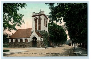 Pilgrim Church & N. Main Street Trolley Attleboro Massachusetts MA Postcard