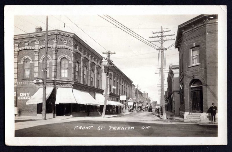 Ontario TRENTON Front Street Store Fronts Older Cars AZO stamp box RPPC pm1942